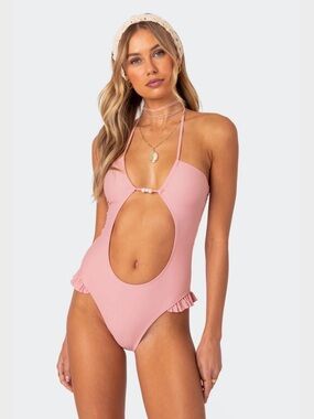 Edikted NEA cut Pink One-Piece Swimsuit with Bead Tie Detail
